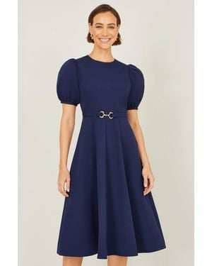 Yumi' Skater Dress With Puff Sleeves And Buckle Detail - Blue