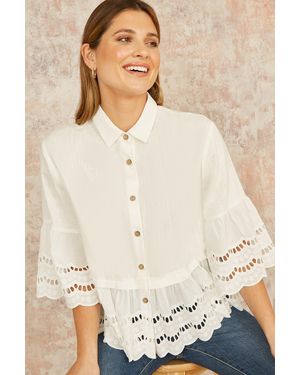 Yumi' Linen Relaxed Shirt With Scallop Trims - Natural
