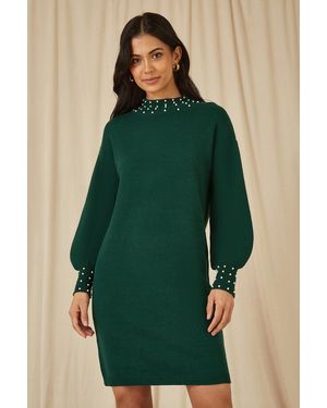 Yumi' Pearl Detail Knitted Relaxed Jumper Dress - Green