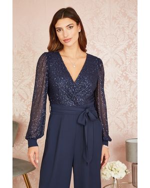 Yumi' Sequin Jumpsuit With Long Sleeves - Blue