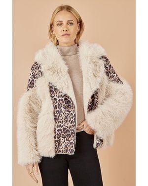 Yumi' Cream Fur Biker Jacket With Leopard Print - Natural