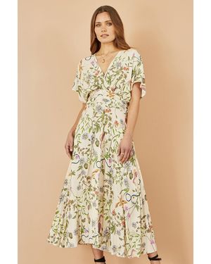 Yumi' Ivory Floral Print Ruched Waist Midi Dress With Kimono Sleeves - Natural