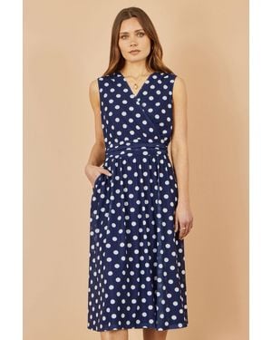 Yumi' Polka Dot Mesh Wrap Skater Dress With Pockets - Blue