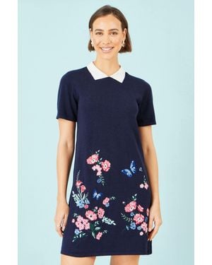 Yumi' Embroidered Knitted Floral Tunic - Blue