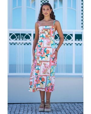 Yumi' Multicolour Fruit Print Midi Sun Dress Ruched Back - Blue