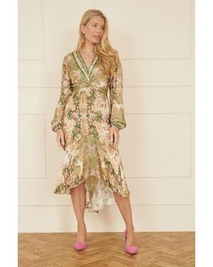 Yumi' Viscose Scarf Print Tie Front Midi Dress With Dip Hem - Natural