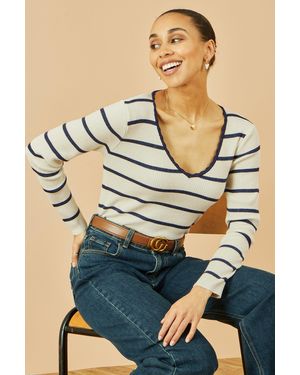 Yumi' Metallic Stripe Knitted Ribbed Top - White