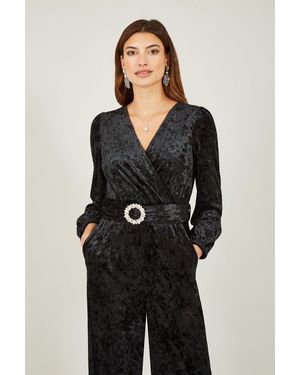 Yumi' Velvet Long Sleeve Jumpsuit With Diamante Belt - Black