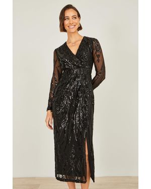 Yumi' Sequin Midi Wrap Dress With Split Hemline And Long Sleeves - Black