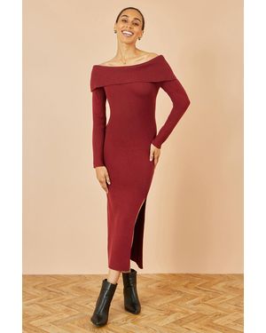 Yumi' Bardot Knitted Fitted Midi Dress - Red