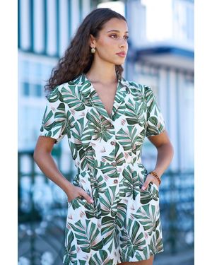 Yumi' Viscose Leaf Print Retro Playsuit - Blue
