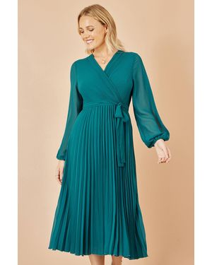 Yumi' Pleated Wrap Midi Dress With Sheer Long Sleeves - Blue