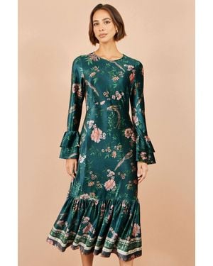 Yumi' Printed Velvet Midi Frill Dress - Blue