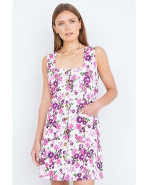 Yumi' Retro Floral Cotton Stretch Pinafore Dress - White
