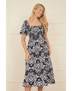 Yumi' Aztec Print Ruched Midi Dress - Blue