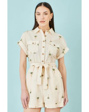 Yumi' Embroidered Palm Print Cotton Playsuit - Natural
