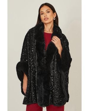 Yumi' Sequin Cape With Faux Fur Trim And Lining - Black