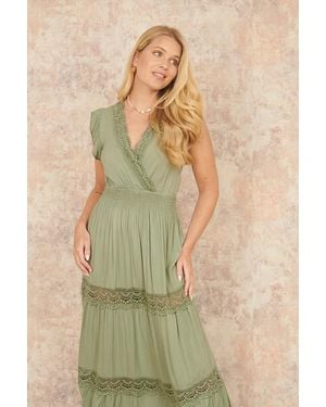 Yumi' Viscose Lace Trim Wrap Maxi Dress - Natural