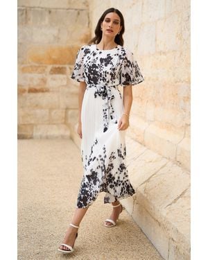 Yumi' Mirror Floral Design Pleated Midi Dress - White