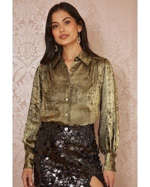Yumi' Metallic Relaxed Balloon Sleeve Shirt - Brown