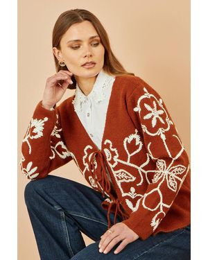 Yumi' Folk Embroidered Tie Front Cardigan - Orange