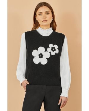 Yumi' Flower Knitted Sleeveless Jumper Vest - Black