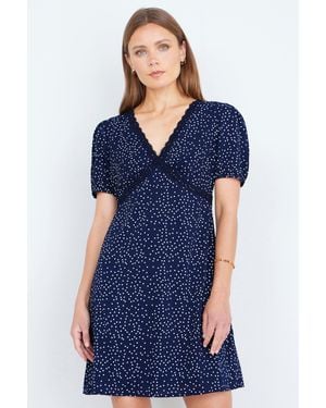 Yumi' Spot Print Lace Trim Skater Dress - Blue