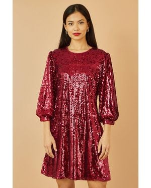 Yumi' Sequin Tunic Dress With Balloon Sleeves - Red