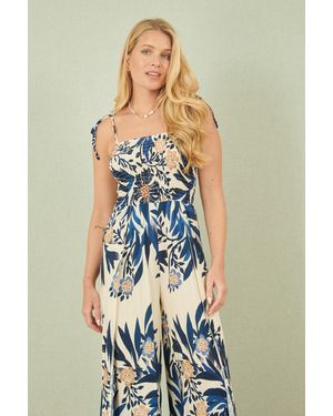 Yumi' Palm Print Strappy Viscose Jumpsuit - Blue