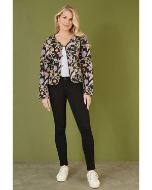 Yumi' Floral Print Reversible Cotton Cropped Quilted Jacket - Green