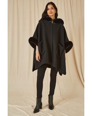 Yumi' Cape With Luxe Fur Trim And Lining - Black