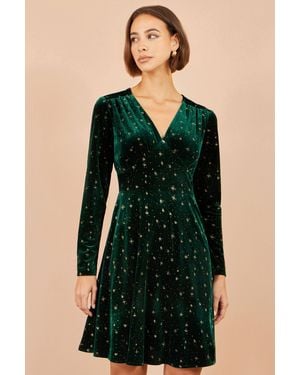Yumi' Velvet Skater Dress With Foil Star Print - Black
