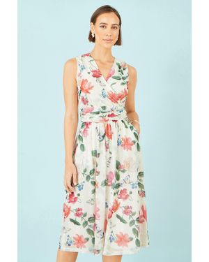 Yumi' Blurred Floral Print Mesh Stretch Midi Dress With Pockets - White