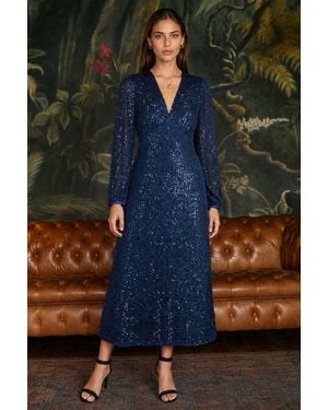 Yumi' Sequin Long Sleeve Midi Dress - Blue