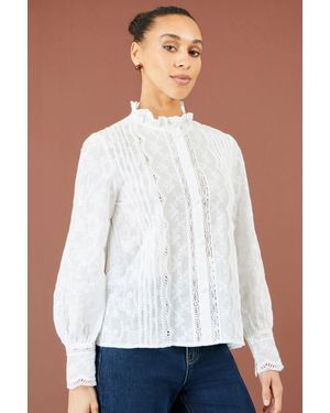 Yumi' Floral Cotton Shirt With Lace Details - White
