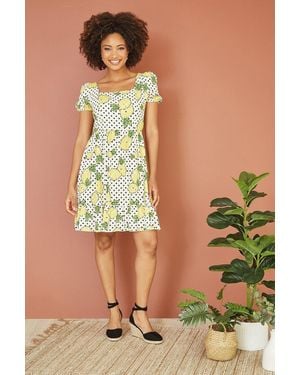 Mela Viscose Lemon Print Skater Dress With Balloon Sleeves - White