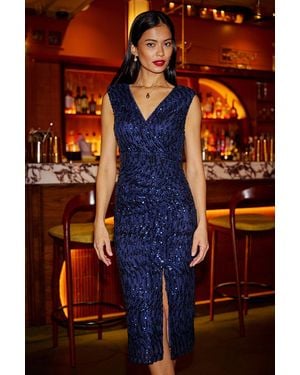 Yumi' Sequin Fitted Wrap Dress With Split Hem - Blue