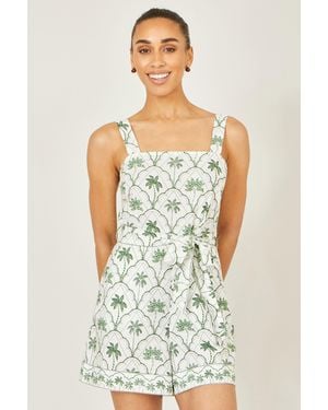 Yumi' Palm Print Cotton Playsuit - White