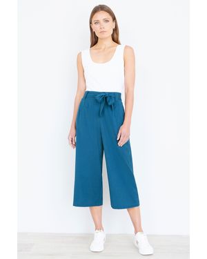 Yumi' Linen Mix Cropped Trousers With Tie Belt - Blue