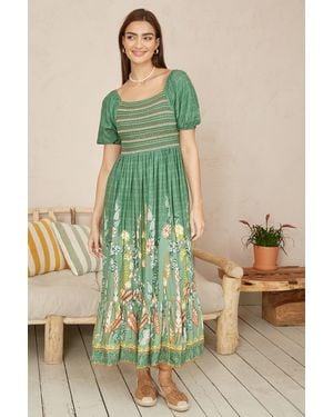 Yumi' Ruched Leaf Print Maxi Dress With Puff Sleeves - Green