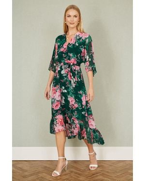 Yumi' Dark Kimono Sleeves Midi Dip Hem Wrap Midi Dress - Green