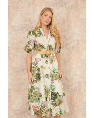 Yumi' Cotton Broderie Anglaise Midi Shirt Dress - Natural