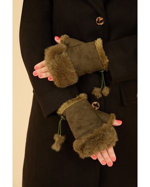 Yumi' Fur Fingerless Suede Mittens - Black