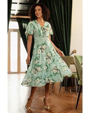 Yumi' Mint Floral Tea Dress With Front Ties - Green
