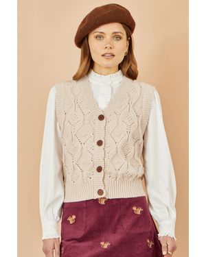 Yumi' Oatmeal Button Up Chunky Cable Knit Waistcoat - White