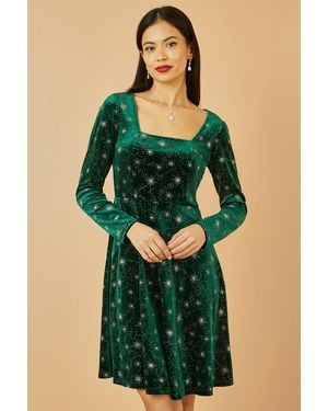 Yumi' Starburst Foil Print Long Sleeve Skater Dress - Green