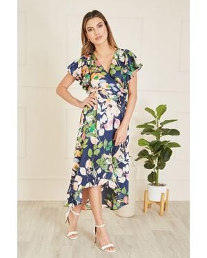 Mela Floral Satin Wrap Over Midi Dress With Frill Sleeve - Blue