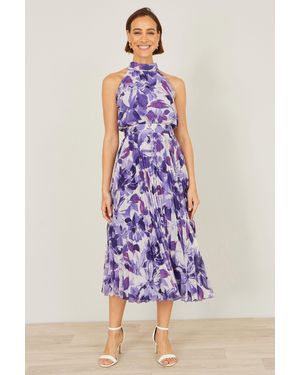 Yumi' Abstract Floral Halter Neck Pleated Midi Dress - Purple