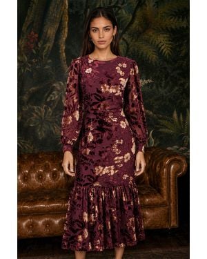 Yumi' Velvet Floral Midi Dress With Frill - Red