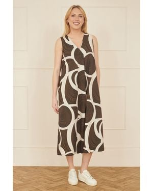 Yumi' Cotton Abstract Circle Trapeze Relaxed Midi Dress - Natural